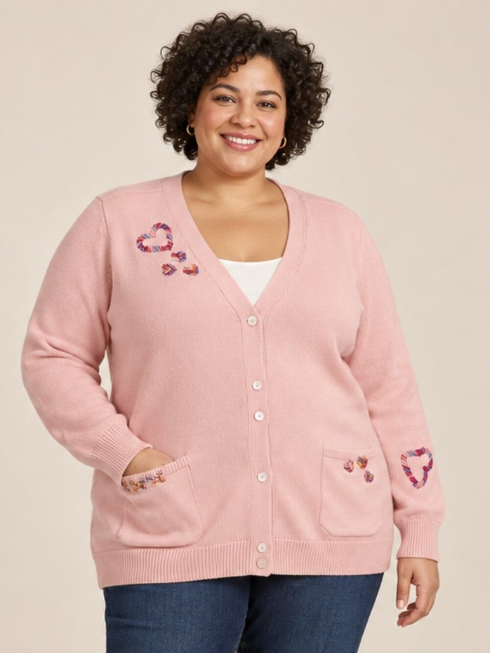 Coldwater Creek Pink Embroidered Heart Cardigan Sweater 3X